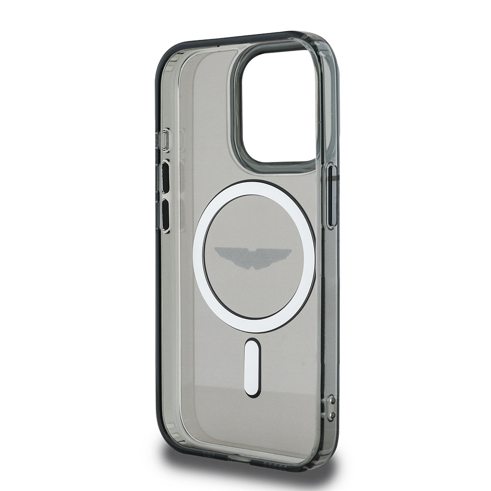 Apple iPhone 15 Pro Max Kılıf Aston Martin Orjinal Lisanslı M-safe Şarj Özellikli  IML Baskı Logolu Metal Düğmeli Kapak Siyah