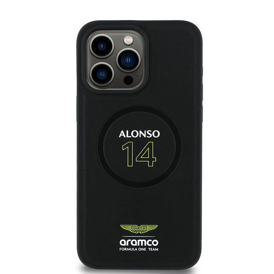 Apple iPhone 15 Pro Max Kılıf Aston Martin Orjinal Lisanslı M-safe Şarj Özellikli PU Deri Alonso 14 Baskılı Kapak Siyah