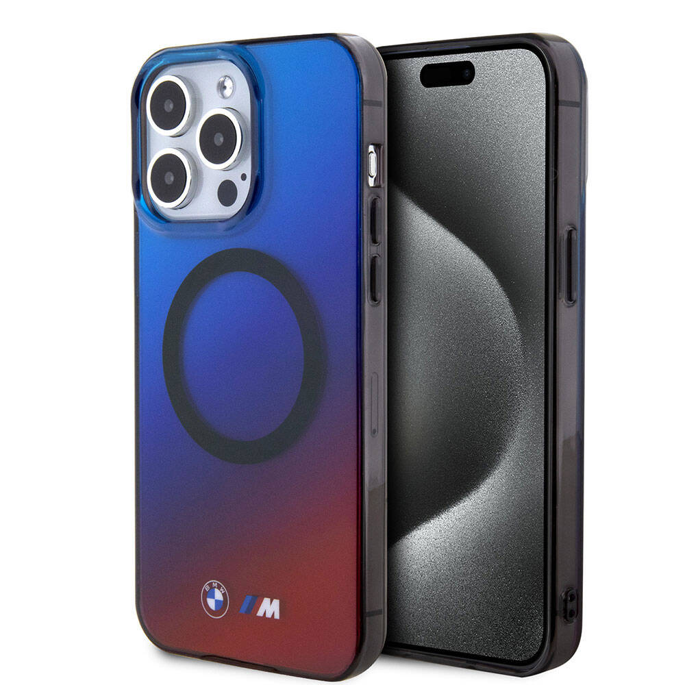 Apple iPhone 15 Pro Max Kılıf BMW Magsafe Şarj Özellikli Transparan Renk Geçişli Dizayn Orjinal Lisanslı Kapak Mavi-Kırmızı
