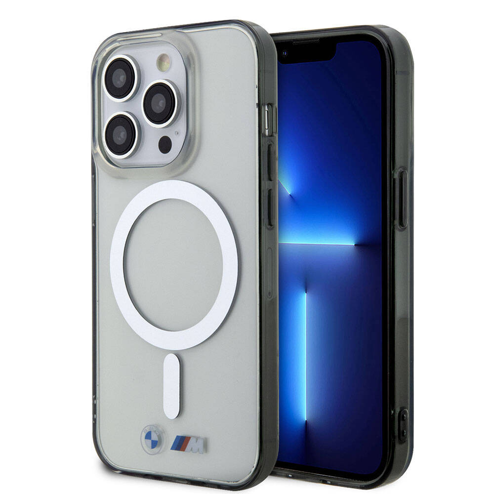 Apple iPhone 15 Pro Max Kılıf BMW Magsafe Şarj Özellikli Transparan Silver Ring Orjinal Lisanslı Kapak Renksiz