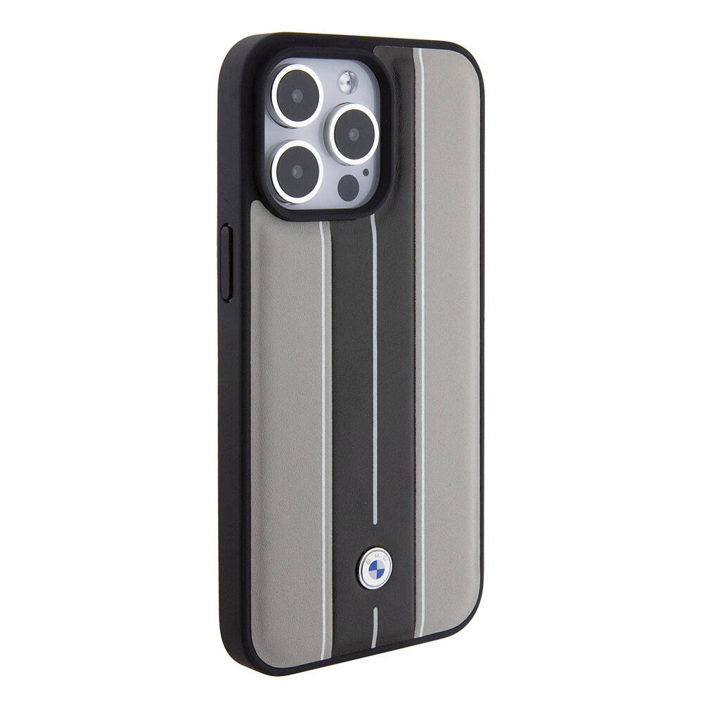 Apple iPhone 15 Pro Kılıf BMW Orjinal Lisanslı Deri Arka Yüzey Metal Logolu Çift Şerit Tasarımlı Kapak Krem
