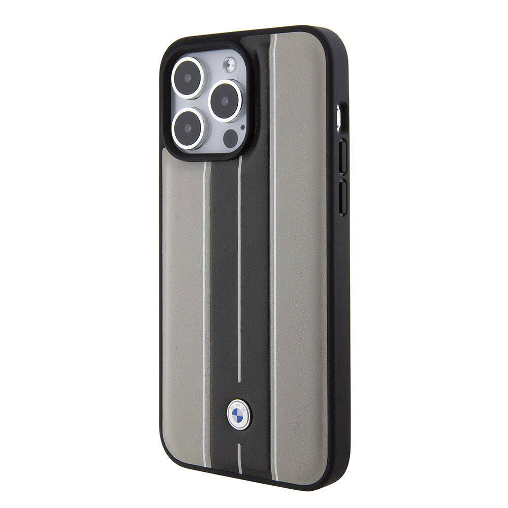 Apple iPhone 15 Pro Max Kılıf BMW Orjinal Lisanslı Deri Arka Yüzey Metal Logolu Çift Şerit Tasarımlı Kapak Krem