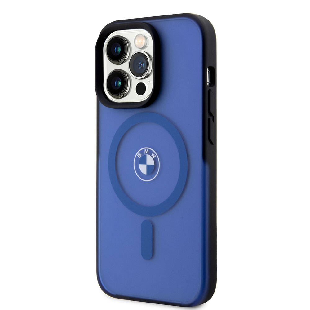 Apple iPhone 15 Pro Max Kılıf BMW Orjinal Lisanslı Magsafe Şarj Özellikli IML Baskı Logolu Buzlu Mat Kapak Mavi
