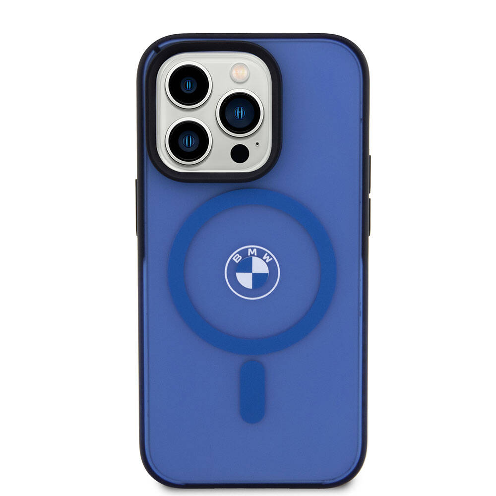 Apple iPhone 15 Pro Max Kılıf BMW Orjinal Lisanslı Magsafe Şarj Özellikli IML Baskı Logolu Buzlu Mat Kapak Mavi