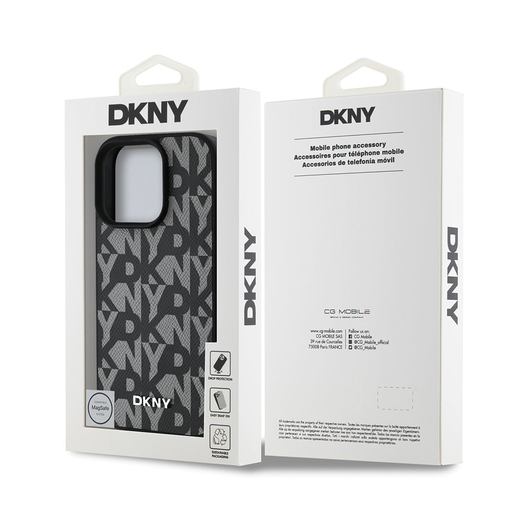 Apple iPhone 15 Pro Max Kılıf DKNY Orjinal Lisanslı M-safe Şarj Özellikli 3D Yazılı Grid Pattern Kapak Gri