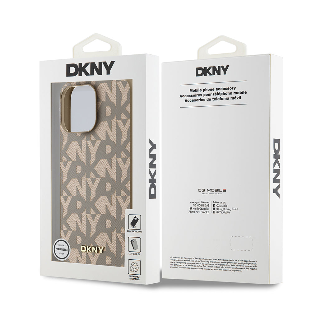 Apple iPhone 15 Pro Max Kılıf DKNY Orjinal Lisanslı M-safe Şarj Özellikli 3D Yazılı Grid Pattern Kapak Kahverengi