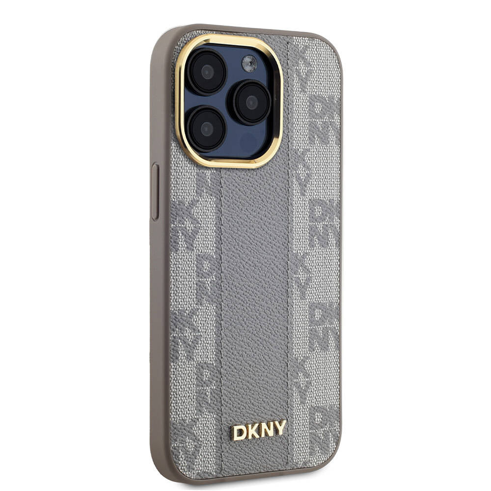 Apple iPhone 15 Pro Max Kılıf DKNY Orjinal Lisanslı Magsafe Şarj Özellikli 3D Yazılı Checkered Pattern Kapak Krem