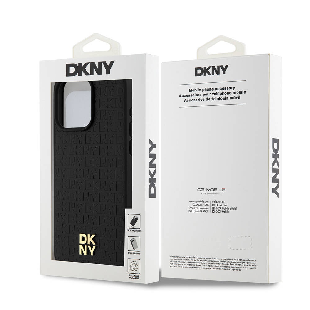 Apple iPhone 15 Pro Max Kılıf DKNY Orjinal Lisanslı Magsafe Şarj Özellikli 3D Yazılı Repeat Pattern Kapak Siyah