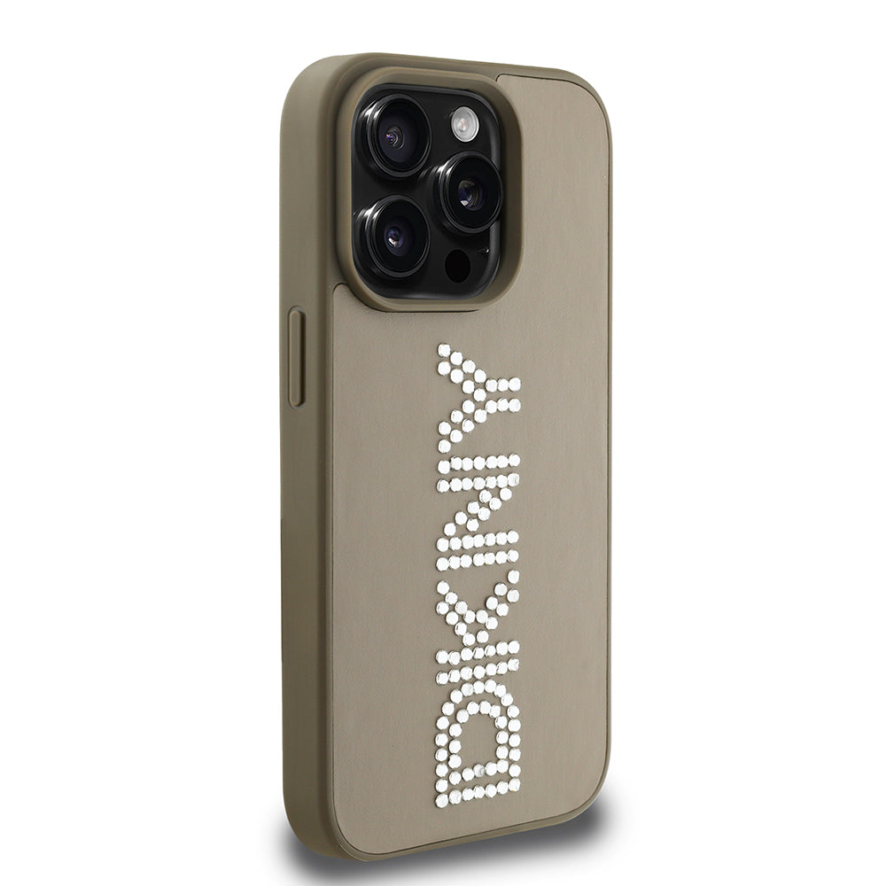 Apple iPhone 15 Pro Max Kılıf DKNY Orjinal Lisanslı Taşlı DKNY Yazılı Metalik Rhinestones PU Deri Kapak Kahverengi