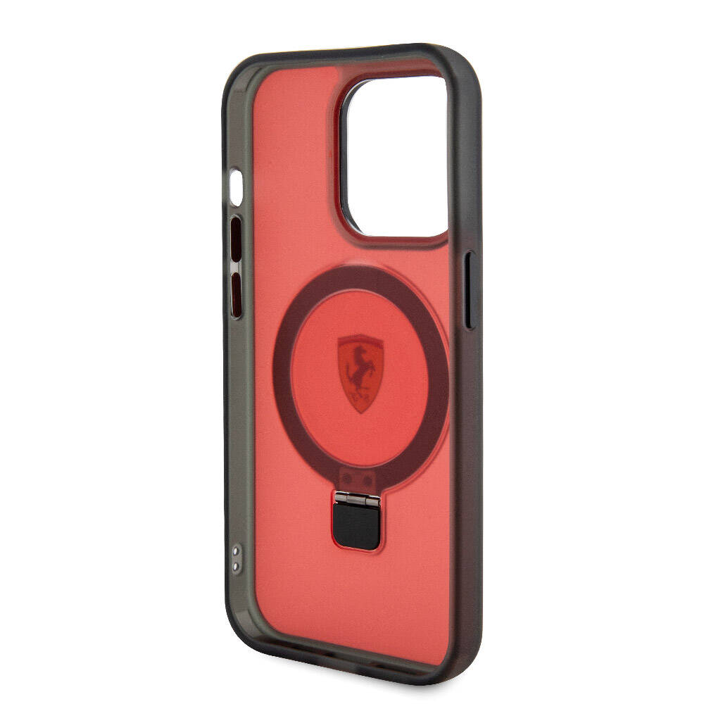 Apple iPhone 15 Pro Max Kılıf Ferrari Magsafe Şarj Özellikli Standlı Buzlu Yüzey Dizayn Kapak Siyah