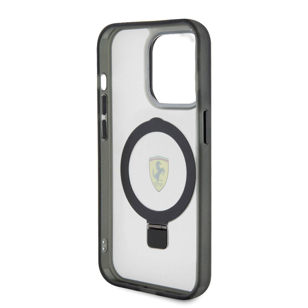 Apple iPhone 15 Pro Max Kılıf Ferrari Magsafe Şarj Özellikli Standlı Buzlu Yüzey Dizayn Kapak Siyah