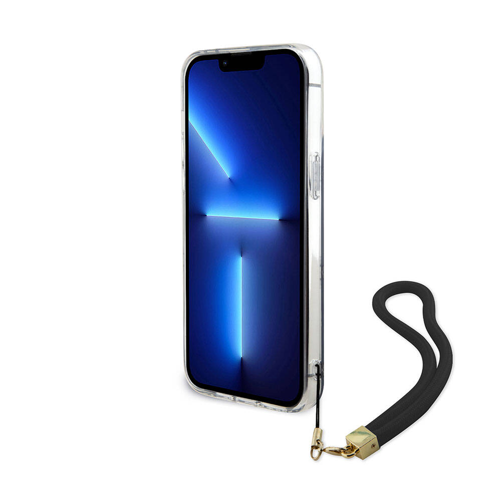 Apple iPhone 15 Pro Max Kılıf Guess Orjinal Lisanslı Desenli Yazı Logolu Askı İpli Holografik Glitter Peony Kapak Pembe