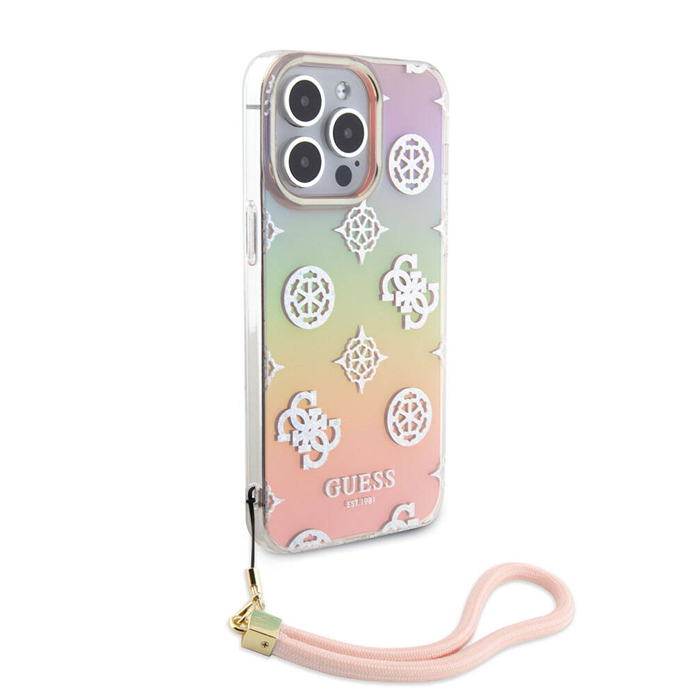 Apple iPhone 15 Pro Max Kılıf Guess Orjinal Lisanslı Desenli Yazı Logolu Askı İpli Holografik Glitter Peony Kapak Turkuaz