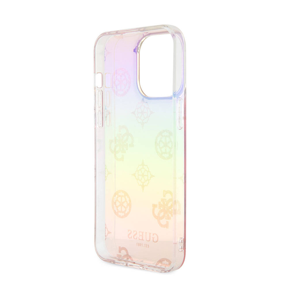 Apple iPhone 15 Pro Max Kılıf Guess Orjinal Lisanslı Desenli Yazı Logolu Askı İpli Holografik Glitter Peony Kapak Mor