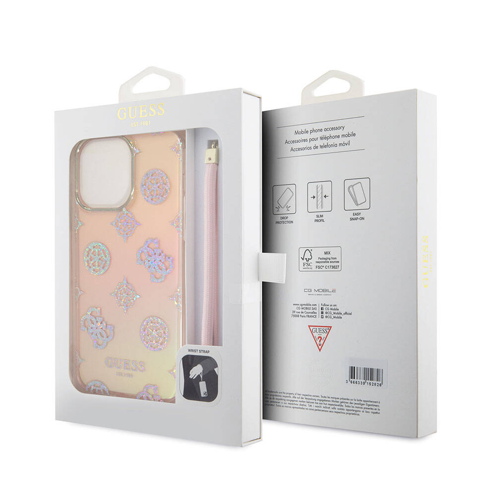 Apple iPhone 15 Pro Max Kılıf Guess Orjinal Lisanslı Desenli Yazı Logolu Askı İpli Holografik Glitter Peony Kapak Pembe