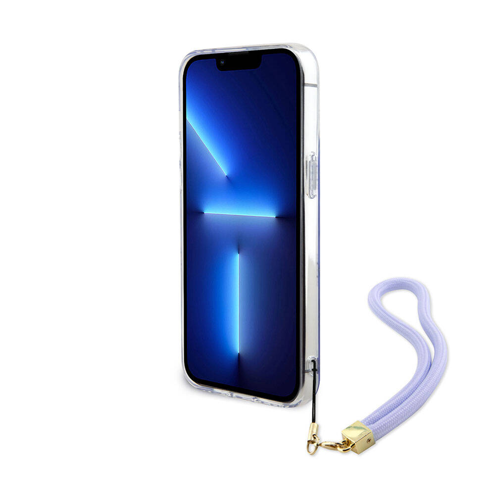 Apple iPhone 15 Pro Max Kılıf Guess Orjinal Lisanslı Desenli Yazı Logolu Askı İpli Holografik Glitter Peony Kapak Mor