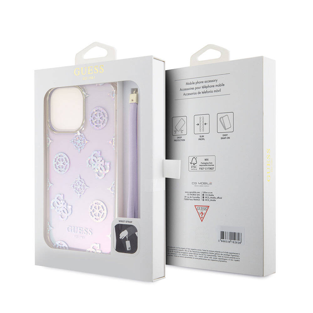 Apple iPhone 15 Pro Max Kılıf Guess Orjinal Lisanslı Desenli Yazı Logolu Askı İpli Holografik Glitter Peony Kapak Mor