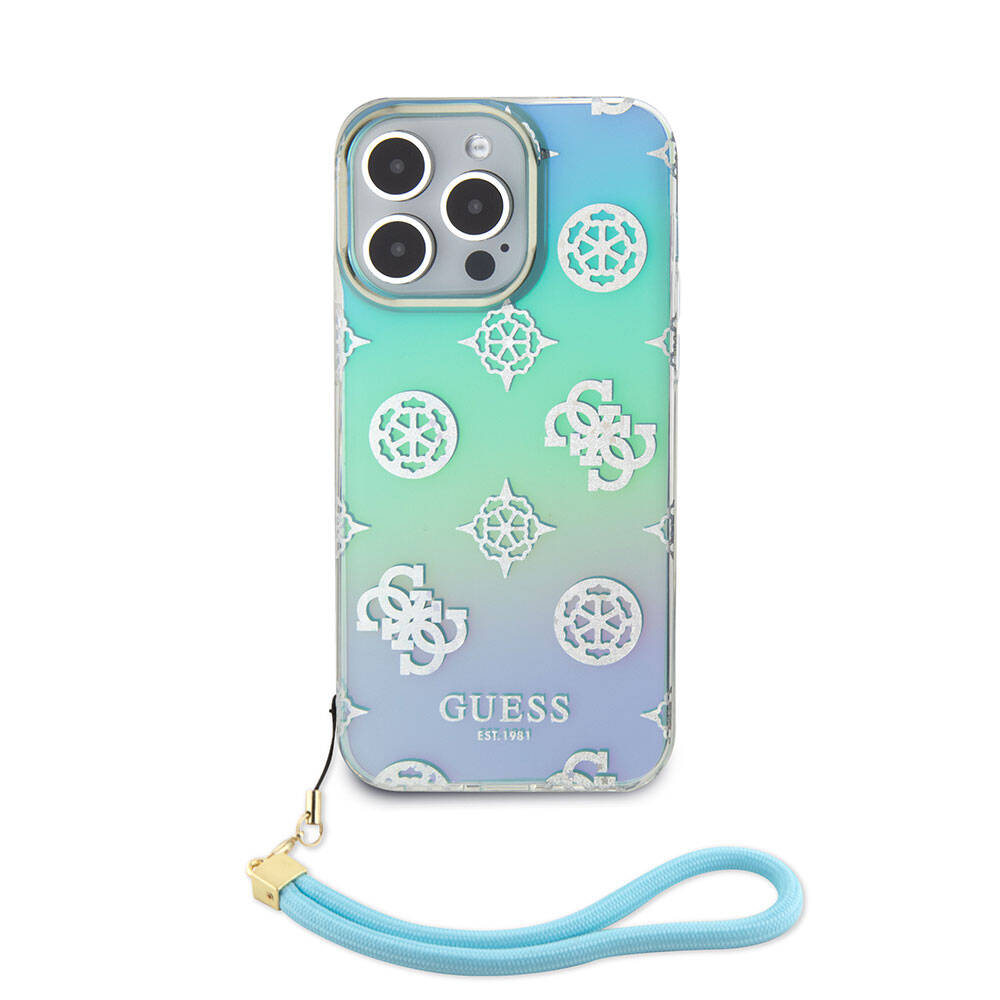 Apple iPhone 15 Pro Max Kılıf Guess Orjinal Lisanslı Desenli Yazı Logolu Askı İpli Holografik Glitter Peony Kapak Turkuaz