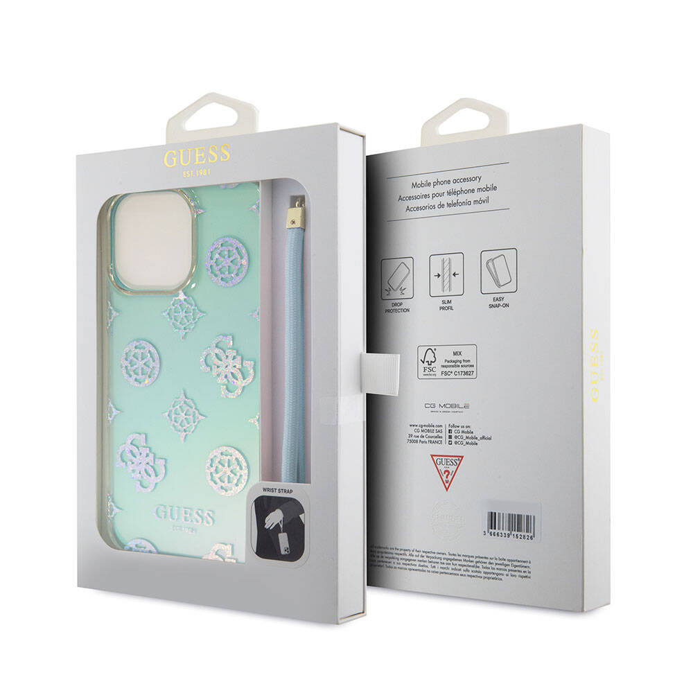 Apple iPhone 15 Pro Max Kılıf Guess Orjinal Lisanslı Desenli Yazı Logolu Askı İpli Holografik Glitter Peony Kapak Turkuaz