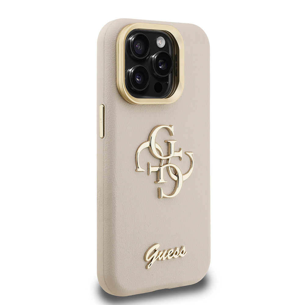 Apple iPhone 15 Pro Max Kılıf Guess Orjinal Lisanslı Grained Yazı Logolu Kamera Standlı Kapak Bej