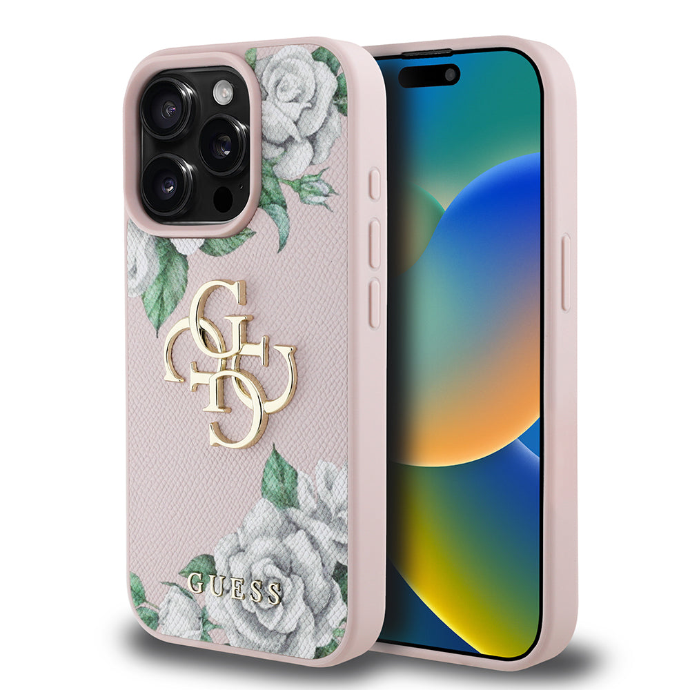 Apple iPhone 15 Pro Max Kılıf Guess Orjinal Lisanslı Gül Baskılı Büyük Metal Logo Dizaynlı Kapak Mor