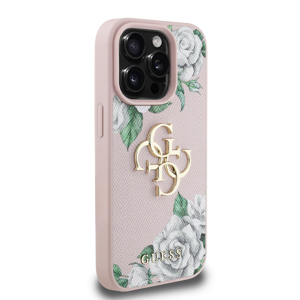 Apple iPhone 15 Pro Max Kılıf Guess Orjinal Lisanslı Gül Baskılı Büyük Metal Logo Dizaynlı Kapak Siyah