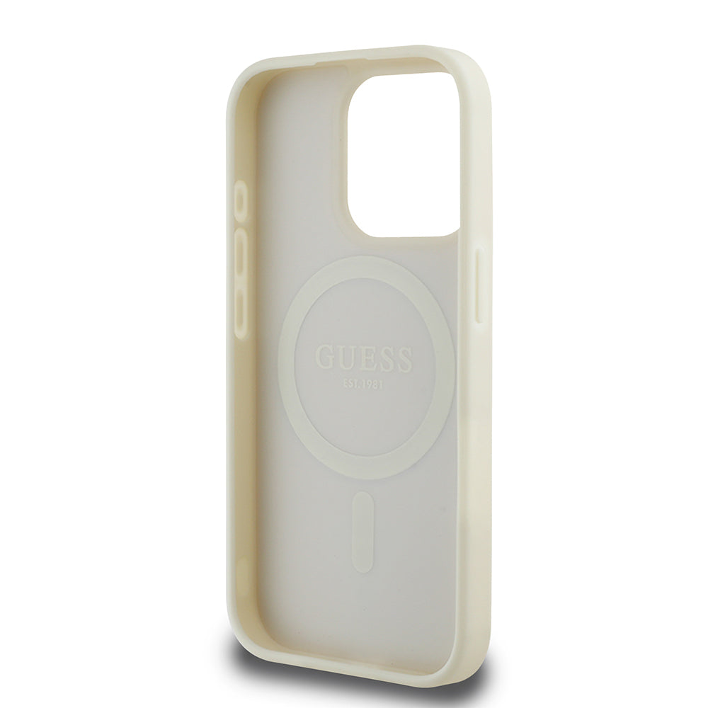 Apple iPhone 15 Pro Max Kılıf Guess Orjinal Lisanslı M-safe Şarj Özellikli Sıcak Baskılı Üçgen Logolu PU Deri Peony Kapak Kahverengi