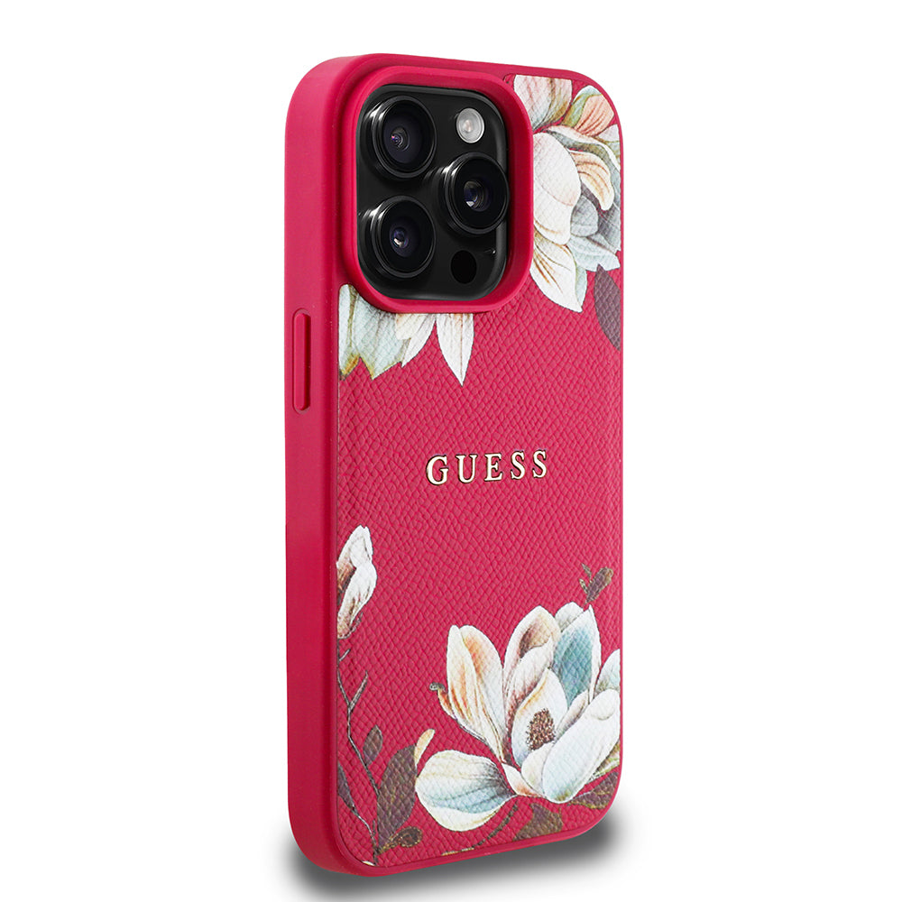 Apple iPhone 15 Pro Max Kılıf Guess Orjinal Lisanslı M-safe Şarj Özellikli Taneli Çiçek Tasarımlı Metal Yazı Logolu Kapak Siyah