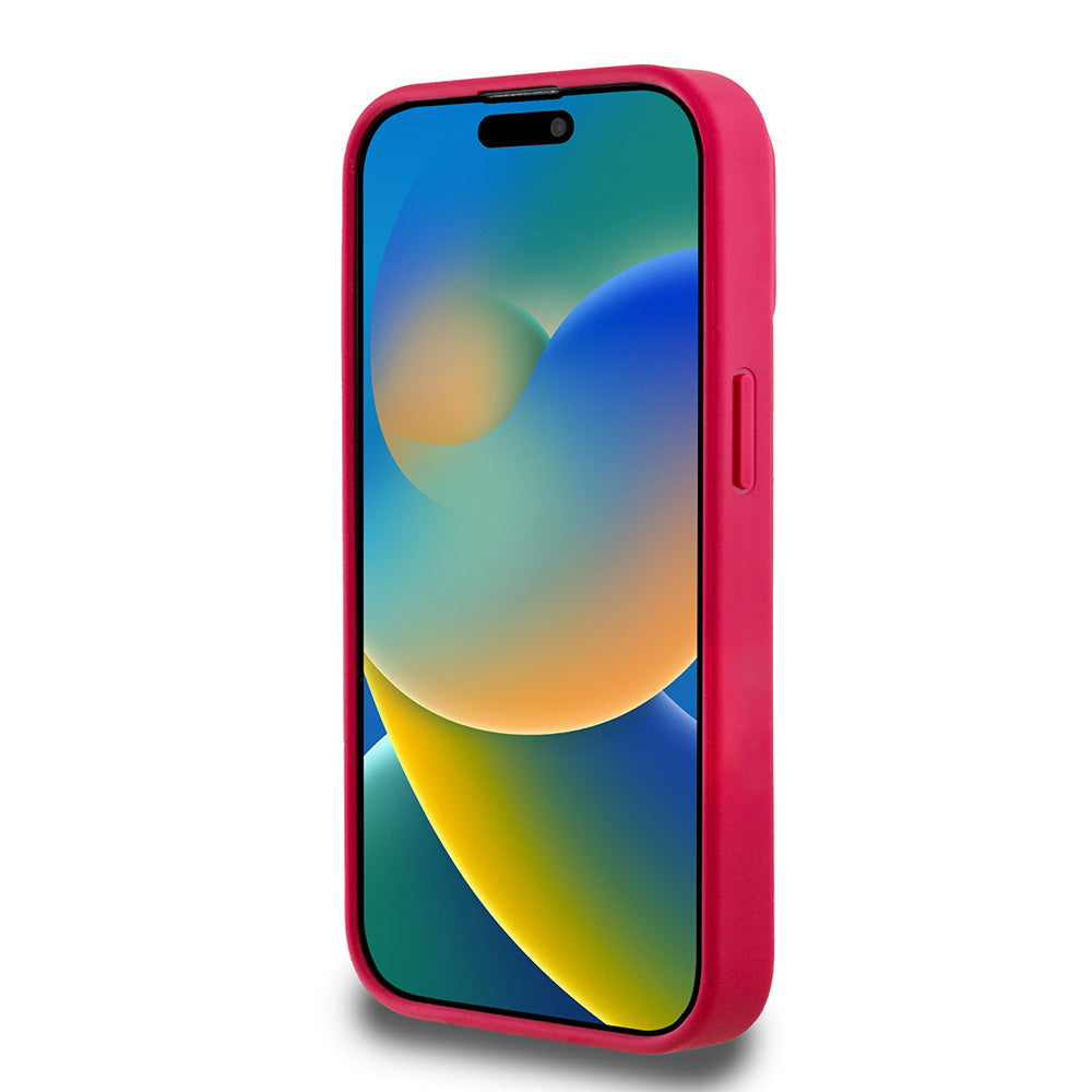 Apple iPhone 15 Pro Max Kılıf Guess Orjinal Lisanslı M-safe Şarj Özellikli Taneli Çiçek Tasarımlı Metal Yazı Logolu Kapak Pembe