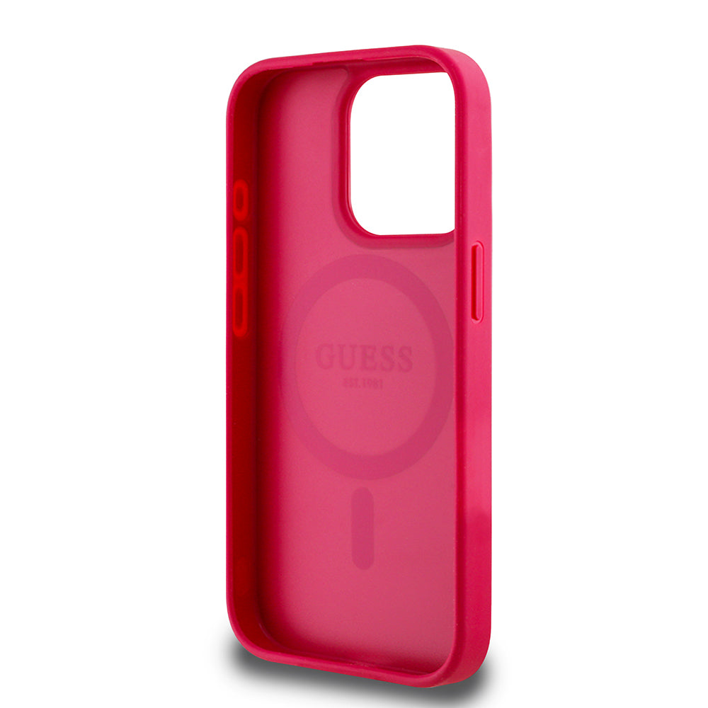 Apple iPhone 15 Pro Max Kılıf Guess Orjinal Lisanslı M-safe Şarj Özellikli Taneli Çiçek Tasarımlı Metal Yazı Logolu Kapak Kırmızı