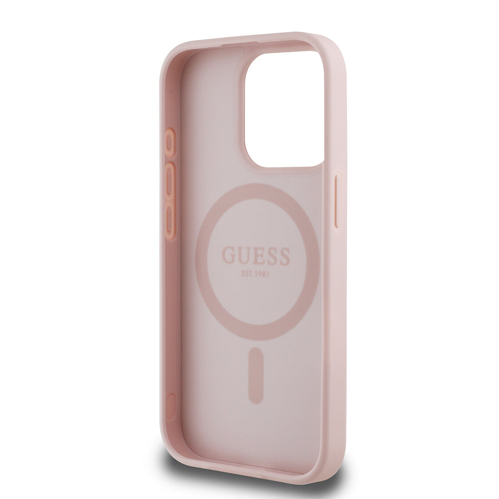 Apple iPhone 15 Pro Max Kılıf Guess Orjinal Lisanslı M-safe Şarj Özellikli Taneli Çiçek Tasarımlı Metal Yazı Logolu Kapak Siyah