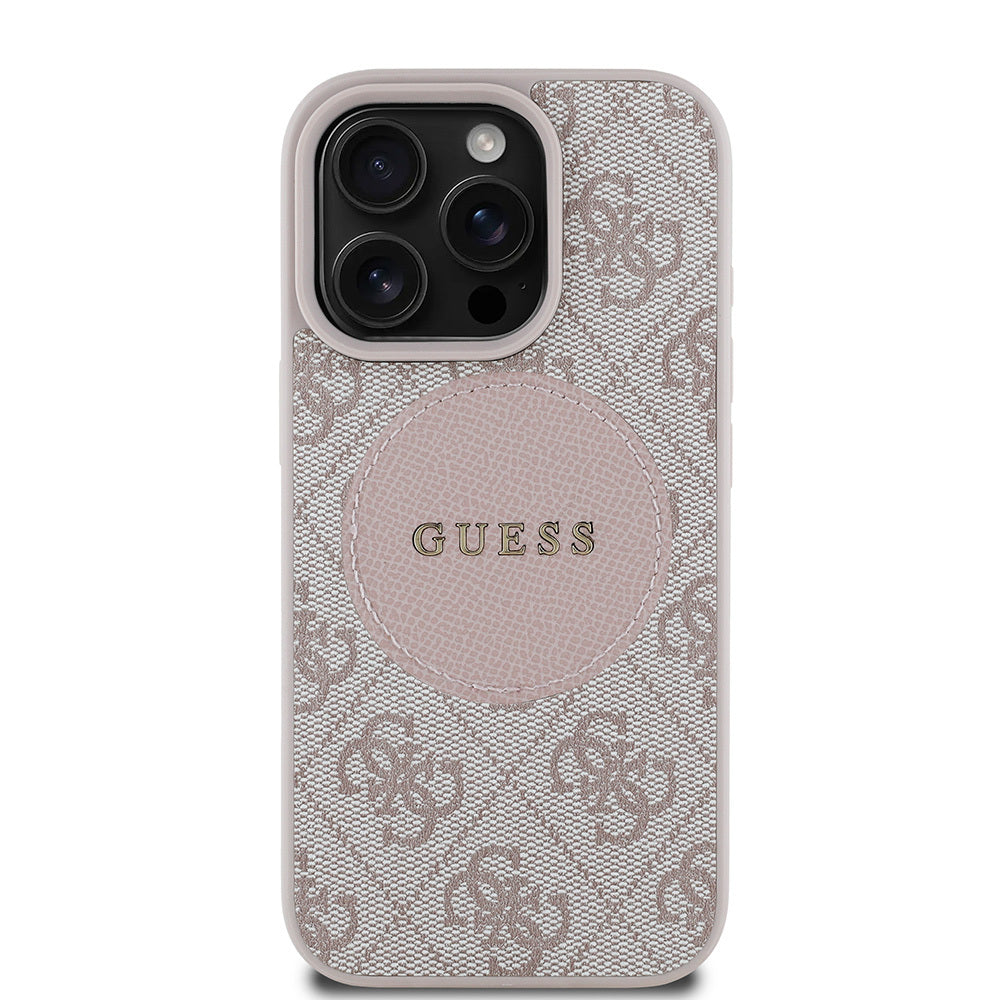 Apple iPhone 15 Pro Max Kılıf Guess Orjinal Lisanslı M-safe Şarj Özellikli Yazı Logolu Circle Classic Kapak Pembe