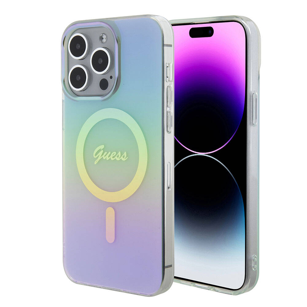 Apple iPhone 15 Pro Max Kılıf Guess Orjinal Lisanslı Magsafe Şarj Özellikli Yazı Logolu Iridescent Kapak Pembe