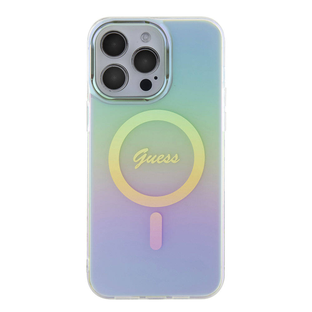 Apple iPhone 15 Pro Max Kılıf Guess Orjinal Lisanslı Magsafe Şarj Özellikli Yazı Logolu Iridescent Kapak Mor