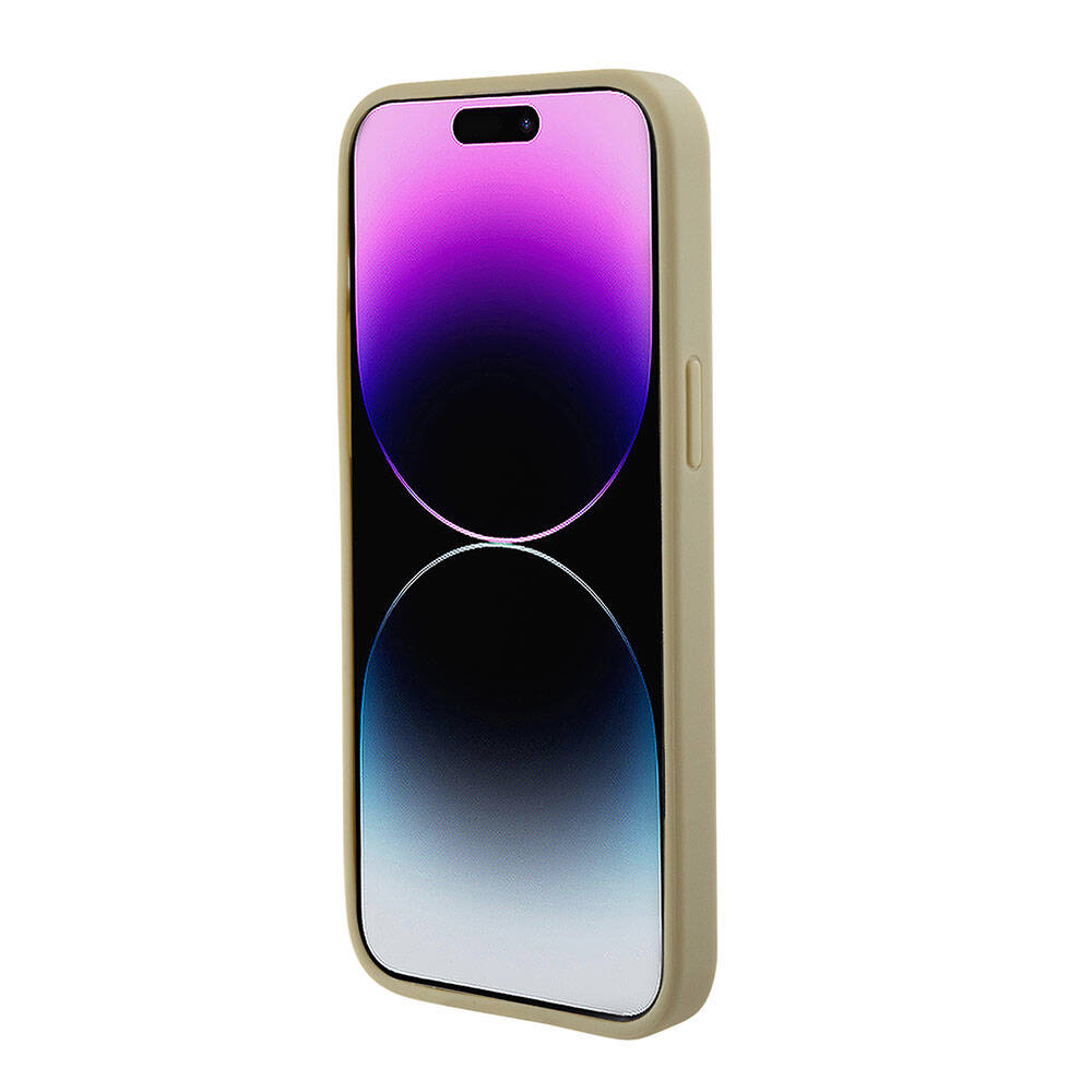 Apple iPhone 15 Pro Max Kılıf Guess Orjinal Lisanslı Magsafe Şarj Özellikli Yazı Logolu Saffiano Kapak Krem