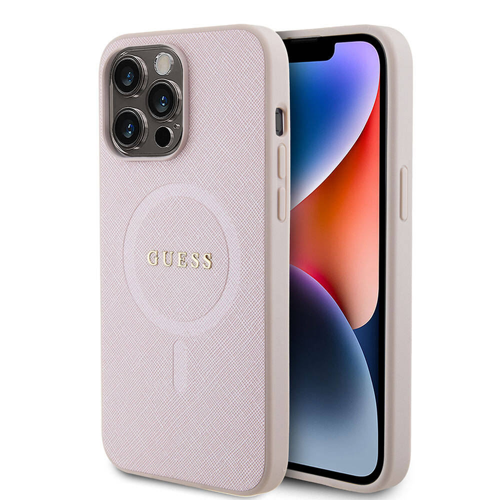 Apple iPhone 15 Pro Max Kılıf Guess Orjinal Lisanslı Magsafe Şarj Özellikli Yazı Logolu Saffiano Kapak Krem
