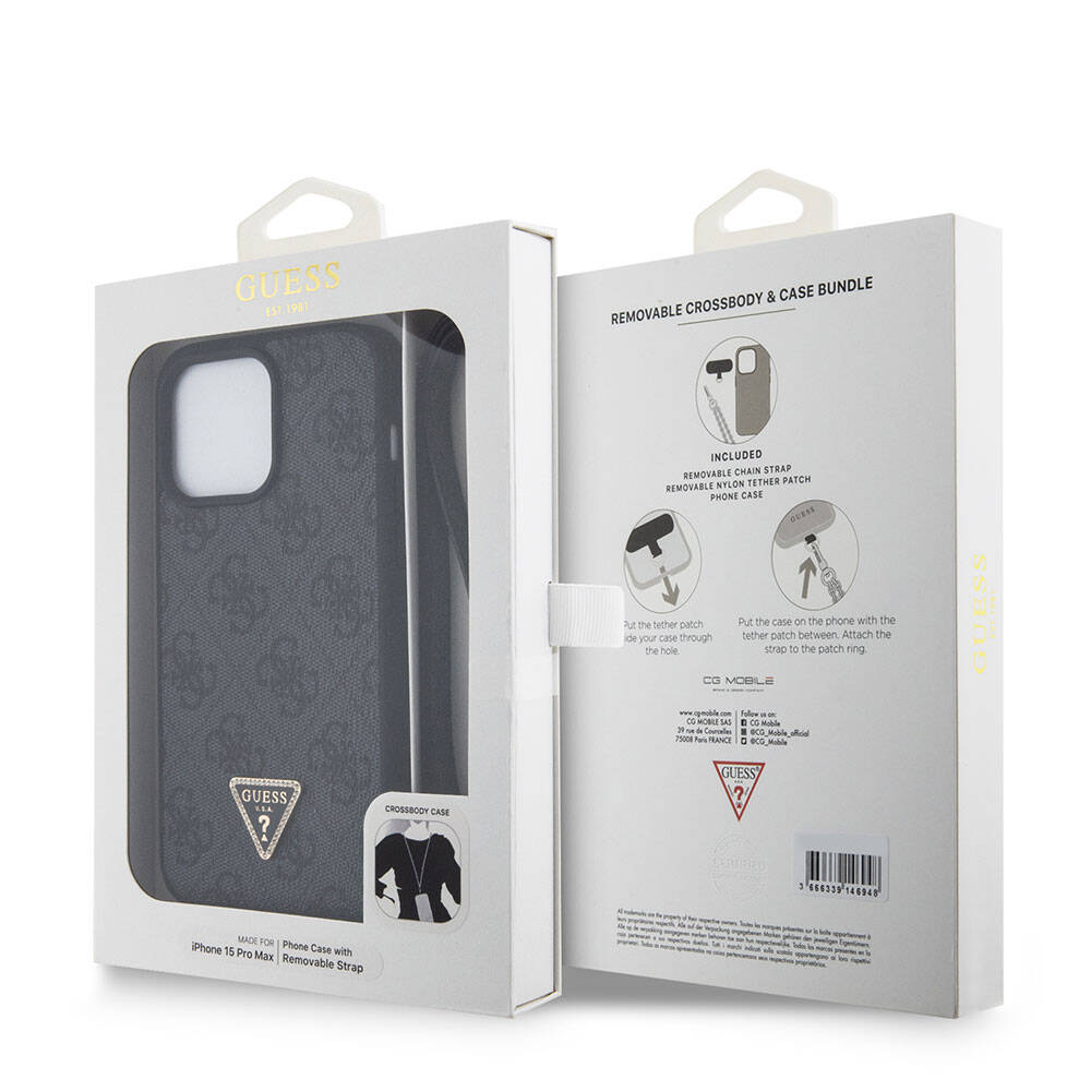 Apple iPhone 15 Pro Max Kılıf Guess Orjinal Lisanslı PU Deri Askılı Taşlı Üçgen Logo 4G Desenli Strass Crossbody Kapak Pembe