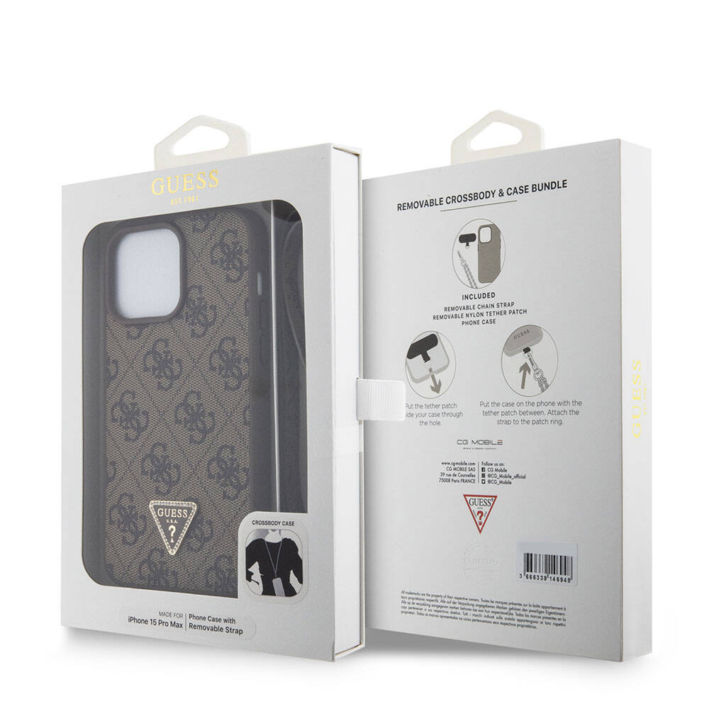 Apple iPhone 15 Pro Max Kılıf Guess Orjinal Lisanslı PU Deri Askılı Taşlı Üçgen Logo 4G Desenli Strass Crossbody Kapak Pembe