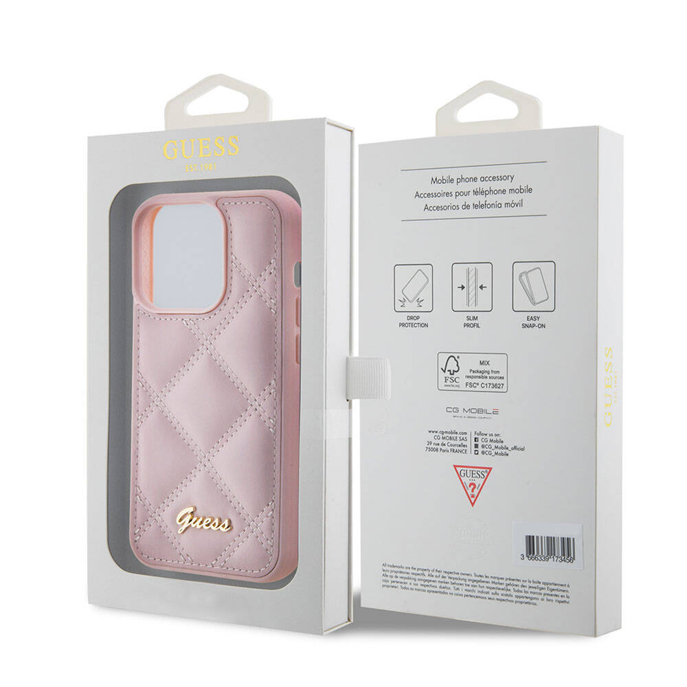 Apple iPhone 15 Pro Max Kılıf Guess Orjinal Lisanslı PU Deri Metal Yazı Logolu Kapitone Kapak Pembe