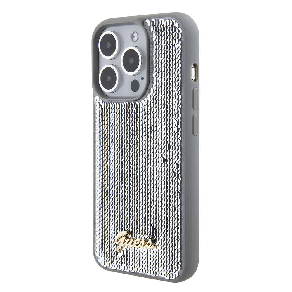 Apple iPhone 15 Pro Max Kılıf Guess Orjinal Lisanslı Pullu Arka Yüzey Metal Yazı Logolu Sequin Script Kapak Pembe