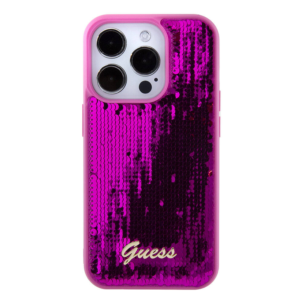 Apple iPhone 15 Pro Max Kılıf Guess Orjinal Lisanslı Pullu Arka Yüzey Metal Yazı Logolu Sequin Script Kapak Pembe