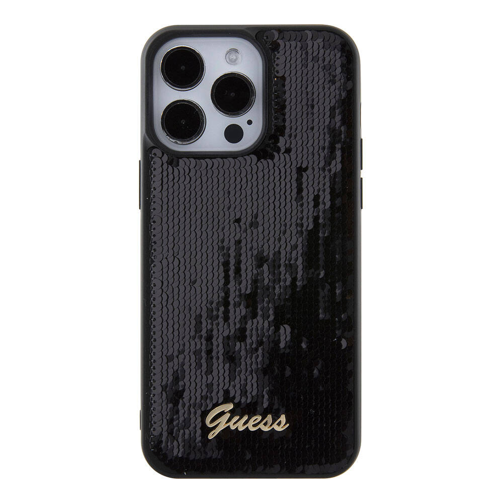 Apple iPhone 15 Pro Max Kılıf Guess Orjinal Lisanslı Pullu Arka Yüzey Metal Yazı Logolu Sequin Script Kapak Siyah