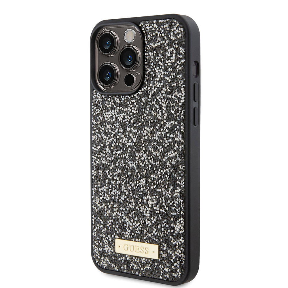 Apple iPhone 15 Pro Max Kılıf Guess Orjinal Lisanslı Taşlı Arka Yüzey Metal Yazı Logolu Kapak Pembe Açık