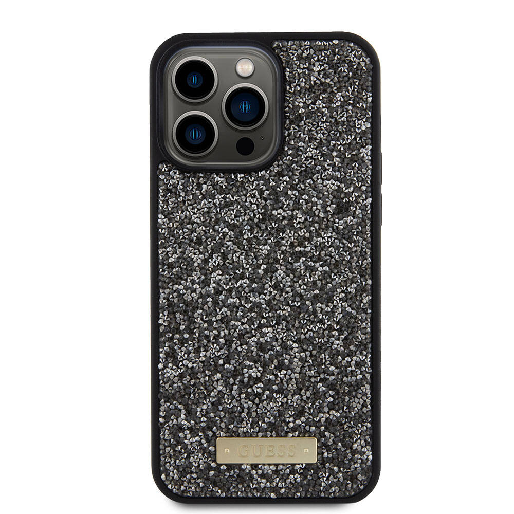 Apple iPhone 15 Pro Max Kılıf Guess Orjinal Lisanslı Taşlı Arka Yüzey Metal Yazı Logolu Kapak Gümüş