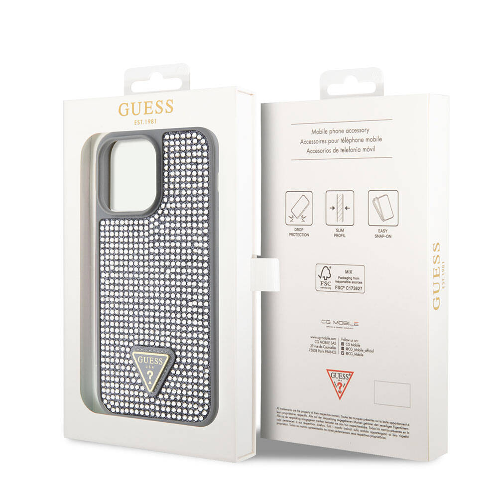 Apple iPhone 15 Pro Max Kılıf Guess Orjinal Lisanslı Taşlı Arka Yüzey Üçgen Logolu Kapak Siyah