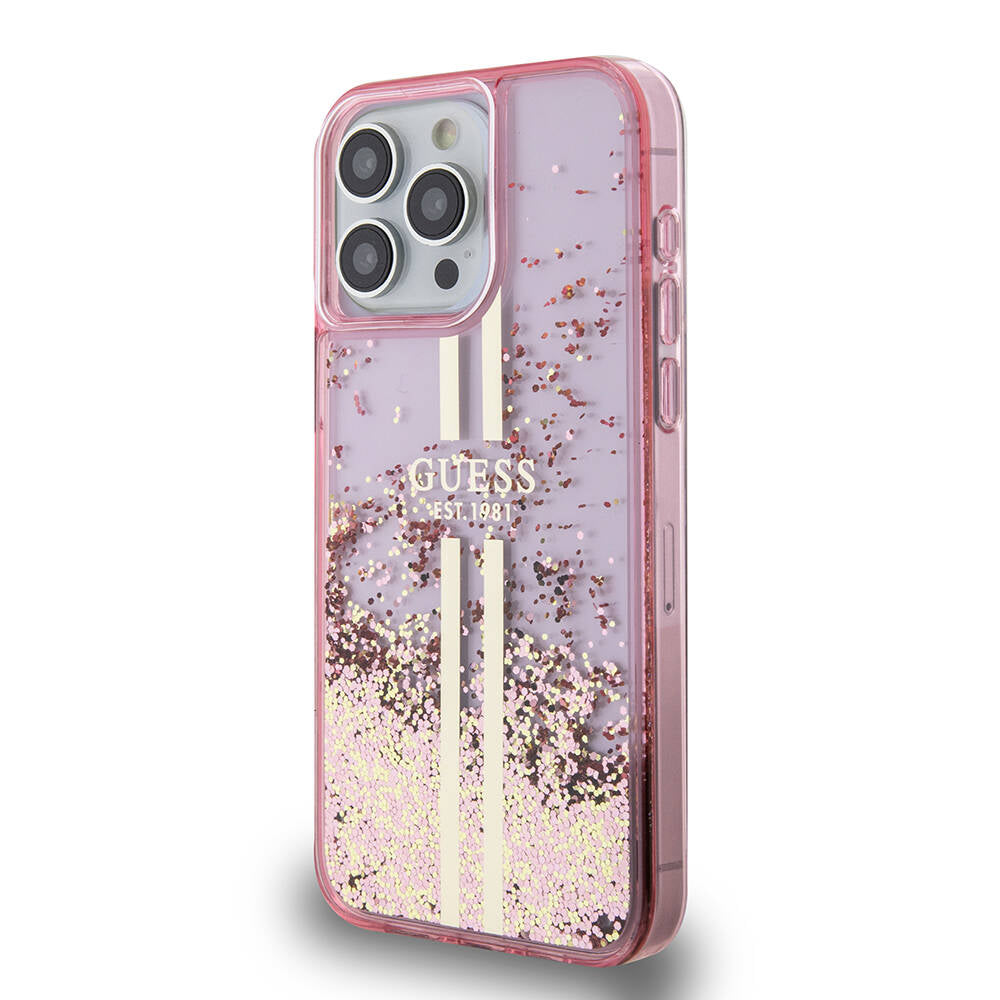 Apple iPhone 15 Pro Max Kılıf Guess Orjinal Lisanslı Transparan Sıvılı Simli Altın Çizgili Kapak Pembe
