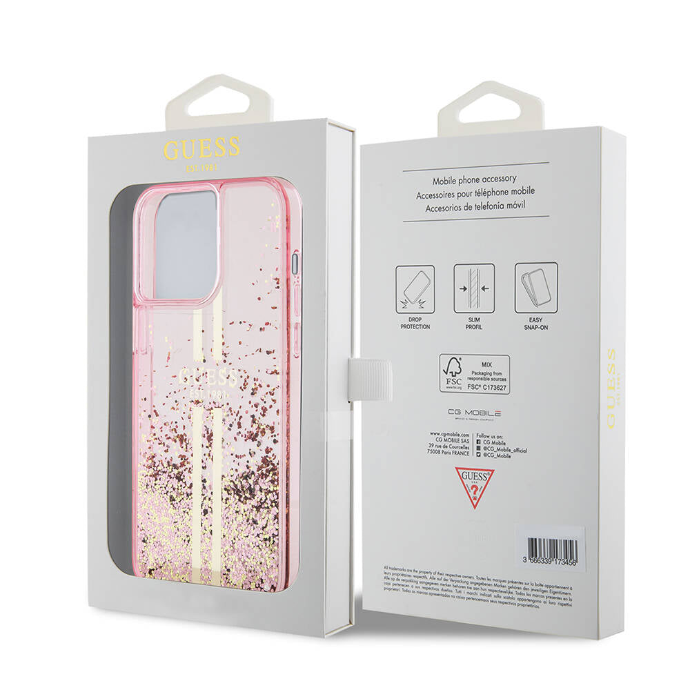 Apple iPhone 15 Pro Max Kılıf Guess Orjinal Lisanslı Transparan Sıvılı Simli Altın Çizgili Kapak Mor