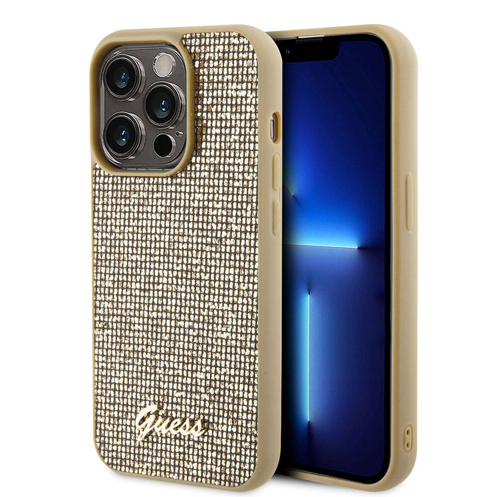 Apple iPhone 15 Pro Max Kılıf Guess Orjinal Lisanslı Yazı Logolu Disco Script Metal Kapak Gold