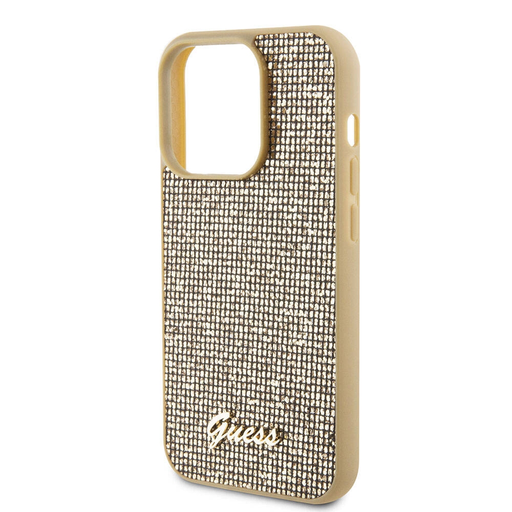 Apple iPhone 15 Pro Max Kılıf Guess Orjinal Lisanslı Yazı Logolu Disco Script Metal Kapak Gold