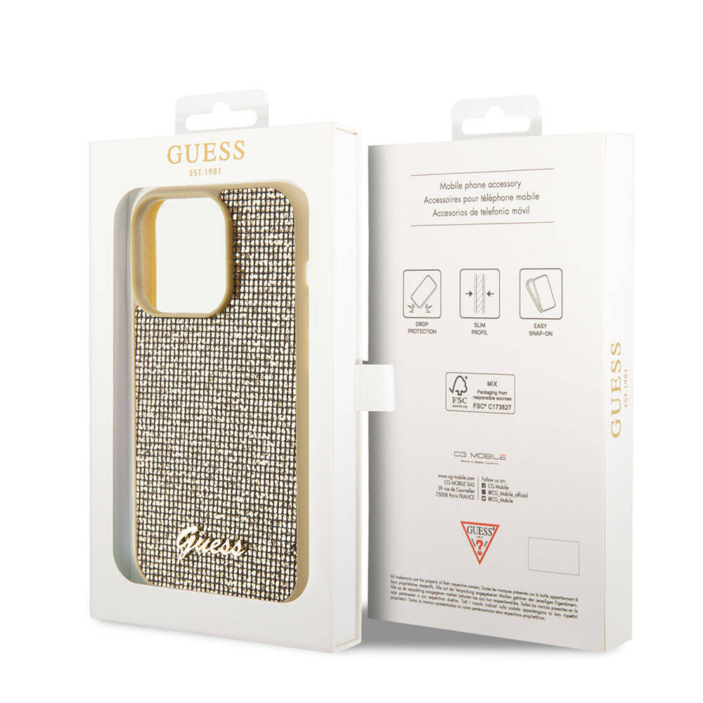 Apple iPhone 15 Pro Max Kılıf Guess Orjinal Lisanslı Yazı Logolu Disco Script Metal Kapak Gold